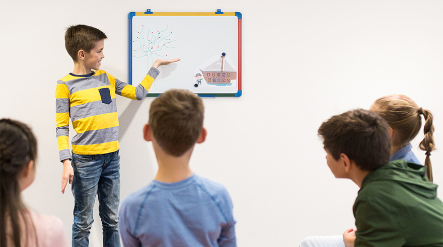 Boy showing what is presented on a Bi-Office Schoolmate whiteboard to four children watching him.